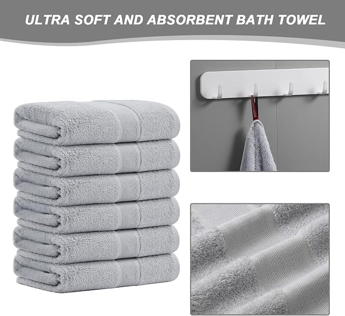 Aibaser Viscose from Bamboo and Cotton Bath Towels Set of 6-27x54 Inch Ultra Soft, Highly Absorbent Large Shower Towels for Bathroom, Spa & Gym (6 Piece Set) (Light Grey)