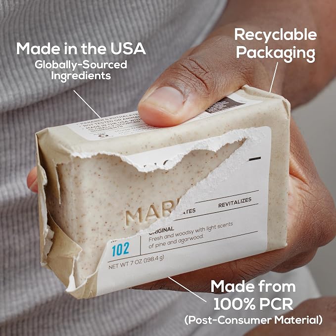 MARLOWE. Body Scrub Soap, Exfoliating Soap Bar, Cedarwood, 7 oz (6 Bars) | Scrub Soap Bar that deeply cleanses and exfoliates while buffing away rough, dry skin. Cedarwood + Sea Salt scent.