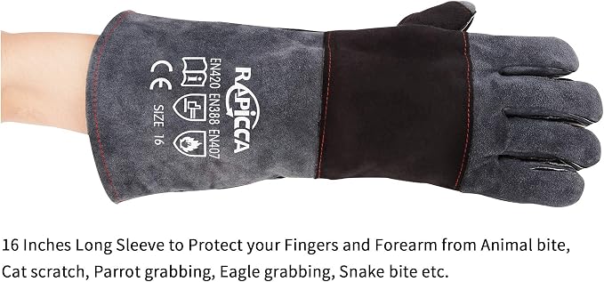 RAPICCA Animal Handling Gloves, Bite Proof Double Leather, 16 in Grey-Black | For Dog, Cat, Bird, Falconry, Snake & Reptile Handling; Vets, Groomers & Animal Control Teams