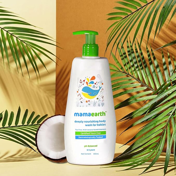 Mamaearth Deeply Nourishing Baby Body Wash | Tear Free Formula with Natural Cleansers | Hydrating Coconut & Jojoba Oil | Moisturizes Delicate Skin of Babies | 13.53 Fl Oz (400ml) | Baby body wash formulated with coconut and jojoba oil.