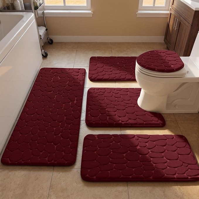 YIHOUSE Bathroom Rugs Mat Set, Memory Foam Bath Mat 5 Piece Red | Non Slip, Water Absorbent, Washable, Bath Mat For Bathroom, Sink and Toilet