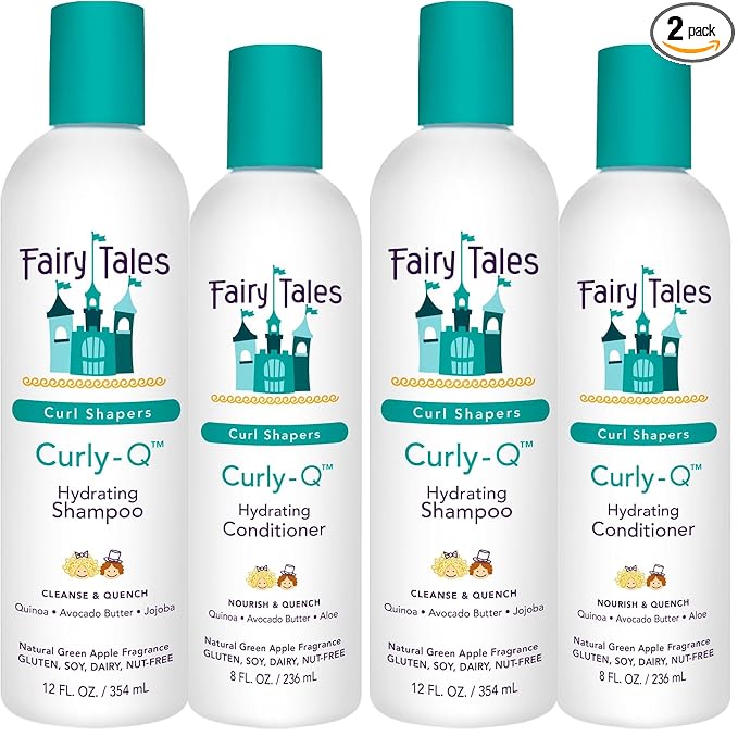 Fairy Tales Curly Q Hydrating Kids Shampoo 12oz and Conditioner 8oz - Paraben, Sulfate, Gluten, and Nut Free - For All Curl Types Including Multi Cultural Hair (4 Pack)