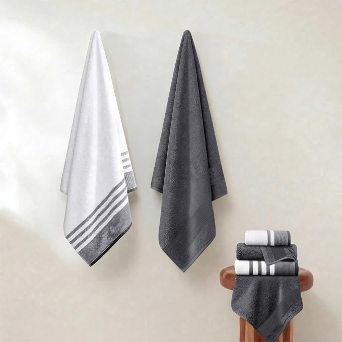 Modern Threads 6-Piece Towel Set – 100% Cotton, Quick Dry, Ultra Absorbent – Includes 2 Bath, 2 Hand, 2 Washcloths (White/Reinhart Charcoal)