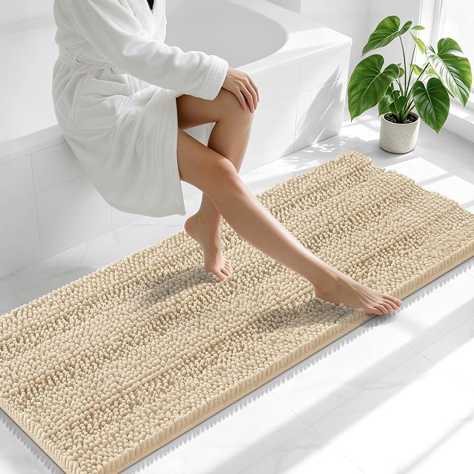 Smiry Thick Chenille Bathroom Runner Rugs 59x20, Absorbent Striped Bath Mat, Machine Washable, Rubber Backing, Extra Long Bath Rugs for Tub & Shower, Modern Home Decor Accessories, Beige