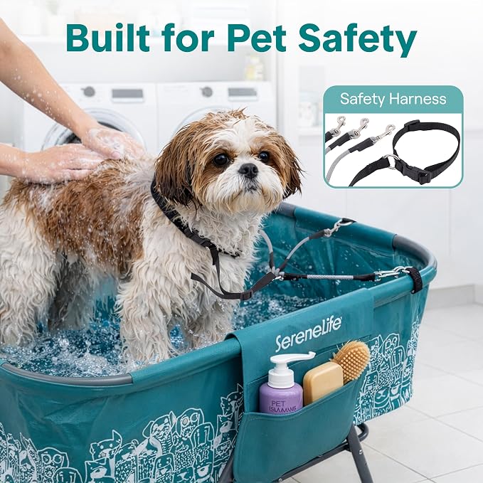 SereneLife Foldable Dog Bath Tub with Adjustable Height, 360° Access, Drain Hose & Storage Pockets – 130 lb Capacity Grooming Station for Indoor/Outdoor Use (Blue)
