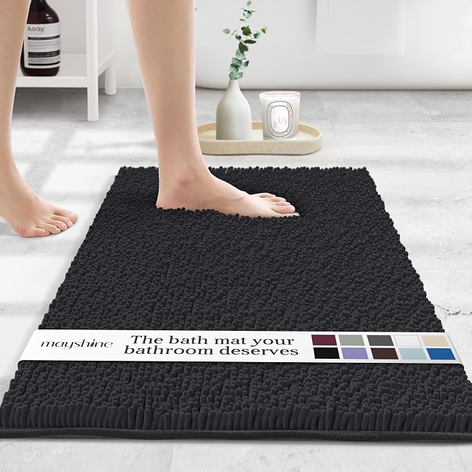 MAYSHINE Small Plush Shaggy Chenille Bath Mat 23"x14"| Extra Soft, Super Absorbent, Non-Slip Bathroom Rug | Fluffy Microfiber, Area Rug Sets for Bathroom Floor, Kitchen, Living Room |Black