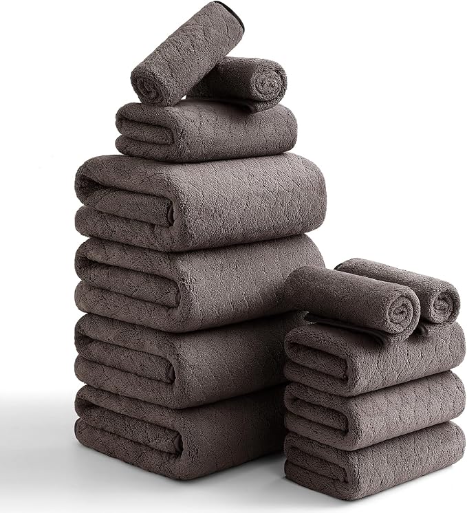 Luxury Bath Towels Set - 12 Piece (4 Large Bath Towels,4 Hand Towels,4 Washcloths), 100% Microfiber,Extra Absorbent Super Soft & Quick Dry,Complete Family Pack for Bathroom Gym Pool,Brown