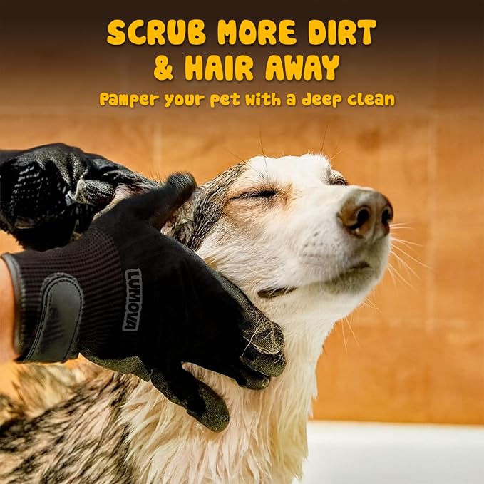 Dog Grooming Gloves – Shedding Gloves for Dogs, Cats & Horses – Pet Grooming Glove & Hair Remover – Dog Brush Glove for Bathing, Deshedding & Massage Mitt– Adjustable Fit (Blue&Black)