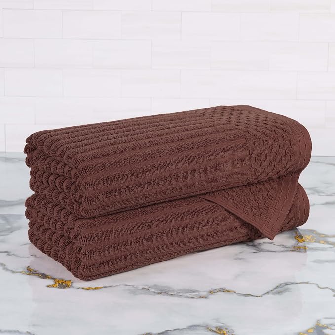 Cotton 2-Piece Solid and Ribbed Bath Towel Set, Bath Towels- 27" x 54", Java by Superior