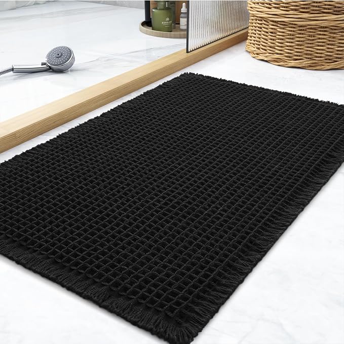 tchdio Waffle Bath Mat Rug, Super Absorbent Non Slip Bath Mats Ultra Soft Bathmat Machine Washable Bathroom Rugs with Tassels, Bath Rugs for Bathroom Floor Beside Tub, 24" x 36", Black