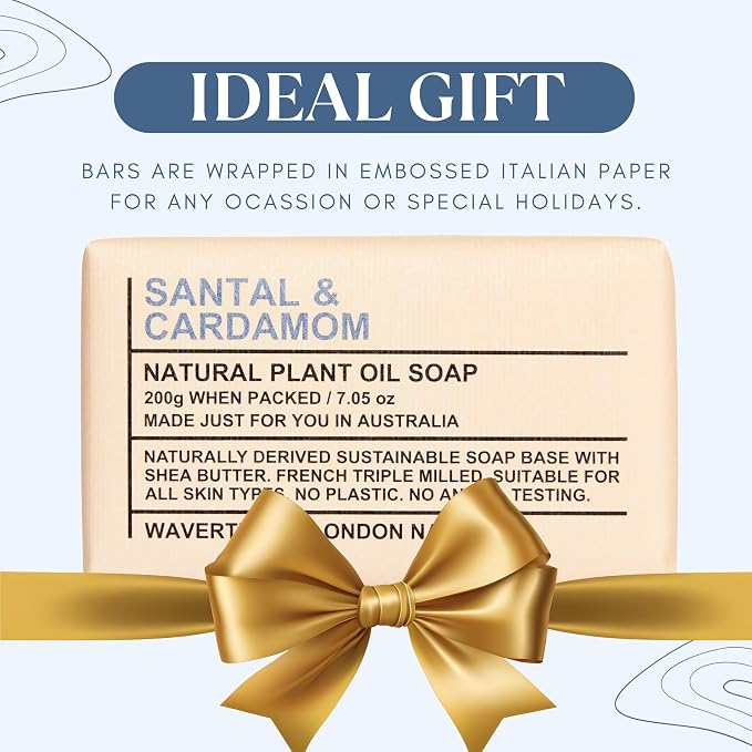 Wavertree & London Santal & Cardamon Scented Natural Soap Bars (2 Bars), 7oz Moisturizing French Triple Milled Soap enriched with shea butter - Plant Oil Bath & Body Soap Bars [100% Naturally derived]