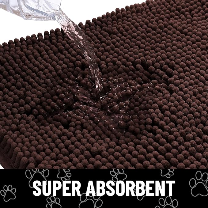 Smiry Dog Door Mat for Muddy Paws, Absorbent Dirt Trapper Non Slip Quick Dry Washable Chenille Mat for Mud Dogs, Entry Rug for Indoor and Outdoor (34x21 Inches, Brown and White)