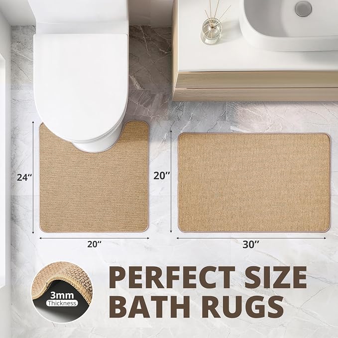 Bathroom Rugs Sets 2 Piece, Thin Bath Mat & U-Shaped Contour Toilet Rug Absorbent Quick Dry, Machine Washable, Non Slip Low Pile Bath Mats for Bathroom/Tub/Sink/Shower (30"x20" Plus 24"x20" U, Khaki)