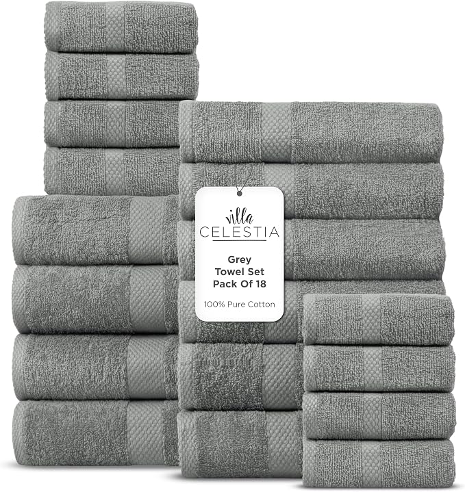 18-Piece 100% Cotton Towel Set, 4 Bath Towels, 6 Hand Towels, 8 Wash Cloth, Quick-Dry, Grey