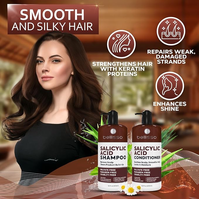 Salicylic Acid Shampoo and Conditioner Set - Scalp Exfoliator Formula for Flakes - Anti Dandruff and Itch Relief for Women and Men - Sulfate and Paraben Free - For Dry, Flaky, Itchy and Oily Hair