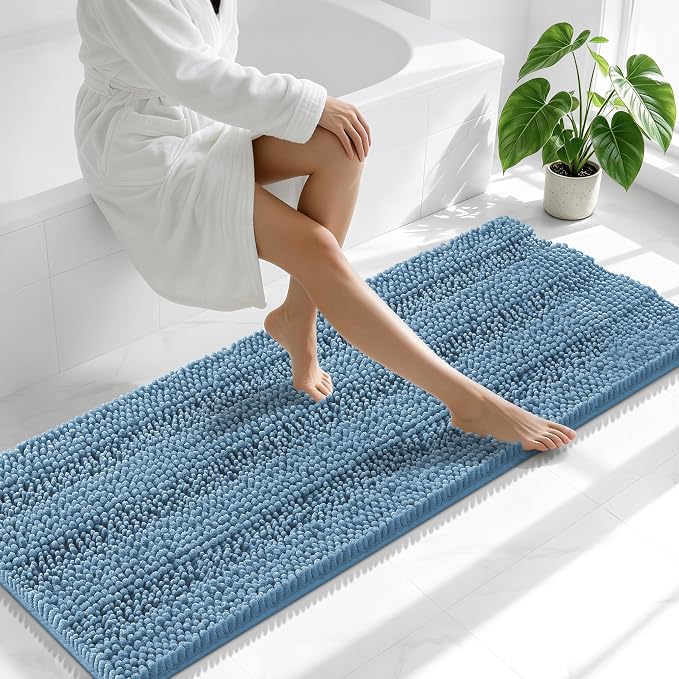Smiry Thick Chenille Bathroom Runner Rugs 59x20, Absorbent Striped Bath Mat, Machine Washable, Rubber Backing, Extra Long Bath Rugs for Tub & Shower, Modern Home Decor Accessories, Airy Blue