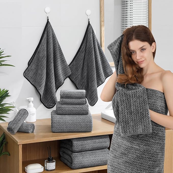 Ycosy 18 Piece Bath Towels Set,100% Microfiber Family Bathroom Towel with Hanging Loops-6 Bath Towels,6 Hand Towels,6 Washcloths,Quick Dry Highly Absorbent Shower Towel for Bathroom,Hotel,Spa-Black