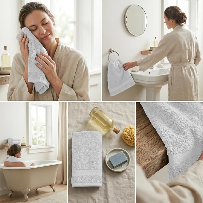 RIVERSIDE 6-Pack Premium Hand Towels Set, 16x28 inches, 100% Ring Spun Cotton, Super Soft, Quicker to Dry and Highly Absorbent, Towels for Bathroom, Kitchen, Gym, Spa, White