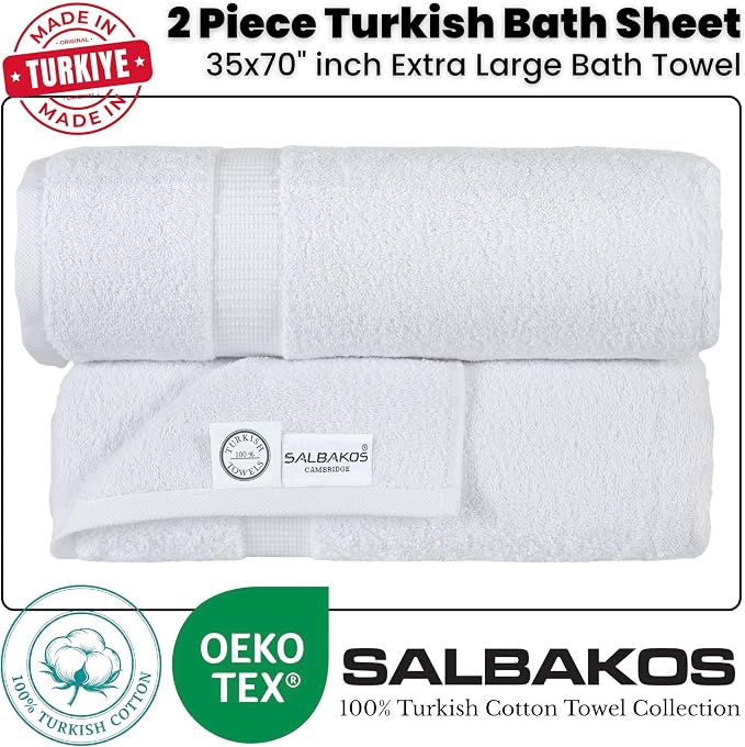 SALBAKOS 2-Piece 100% Turkish Cotton Extra Large Bath Towel 35x70 inch | Premium Hotel Quality Bath Sheet Towels | Thick, Soft, Absorbent, Oversized Bath & Beach Towels (White, 2 Bath Sheets)