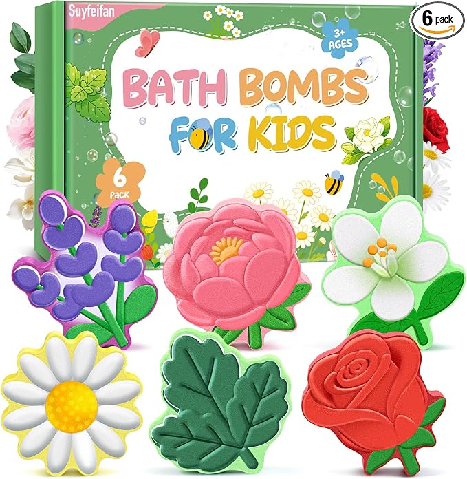 Bath Bombs for Kids Flower Shaped, STEM 6 Pack Natural Organic Handmade Fizzy Bath Bomb, for Home Bath Fun, Daily Reward & Holiday Gifts Boys Girls