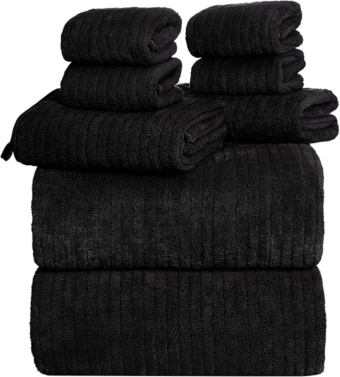 Oversized Bath Towels 8 Piece Towel Set, 2 Extra Large Bath Sheets, 2 Hand, 4 Washcloths, Luxury Soft Super Absorbent Thick Shower Towels for Bathroom, Spa & Hotel, Quick Dry, Black