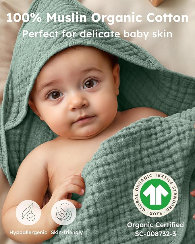 Yoofoss Hooded Baby Towels for Newborn 2 Pack 100% Muslin Organic Cotton Baby Bath Towel with Hood for Babies, Infant, Toddler and Kids, 32x32Inch, Soft and Absorbent Newborn Essential