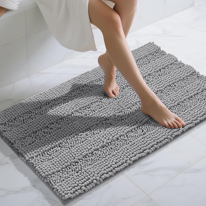 Yimobra Bathroom Rug Mat 44 x 24, Non Slip and Super Absorbent Bath Mat,Machine Washable Quick Dry,Ultra Plush Chenille Shower Rugs for Bathroom Floor Sink Tub and Shower Outside,Gray