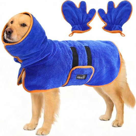 Mihachi Dog Bathrobe Towel Wrap Fast Drying with Drying Gloves Set, Super Absorbent Coral Fleece Dog Drying Coat Bath Robe for Puppy, Medium & Large Dogs, Adjustable Collar & Belly Strap, Blue XL