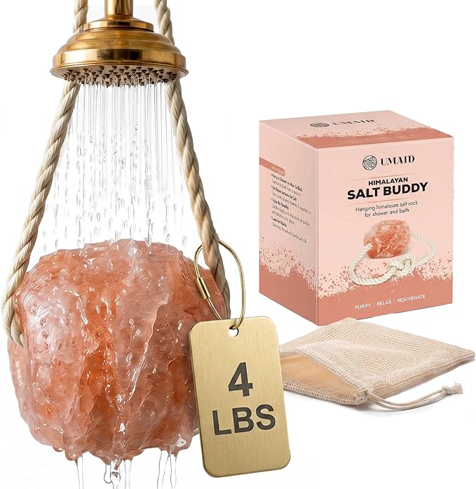 UMAID Himalayan Pink Salt Rock for Shower & Bath – Salt Buddy® 4 lb Hanging Mineral Stone for Spa-Inspired Relaxation, Self-Care & Bath Soaks, Unique Wellness & Home Spa Gifts for Men & Women