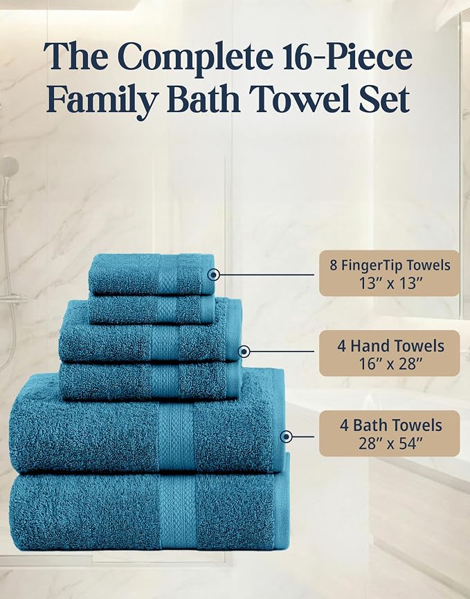 LANE LINEN Luxury Cotton Bath Towel Set of 16 - Soft, Absorbent & Quick Dry - 4 Bath, 8 Washcloths, 4 Hand Towels for Bathroom - OEKO TEX Certified - Smart & Durable Choice for Every Home - Sea Port