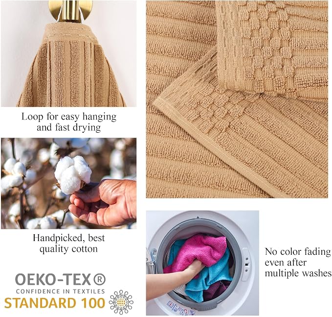 Superior 3 Piece Cotton Towel Set, Includes 1 Bath Towel, 1 Hand Towel, 1 Face Towel/Washcloth, Daily Use for Bathroom, Guest Bath, Quick Dry, Ribbed, Absorbent, Essentials, Soho Collection, Coffee