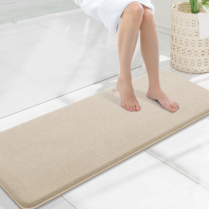 Smiry Memory Foam Bath Mat 47x17, Extra Soft Bathroom Rug, Ultra Absorbent, Quick Dry, Machine Washable Bathroom Mat for Shower, Tub & Floor Decor, Beige