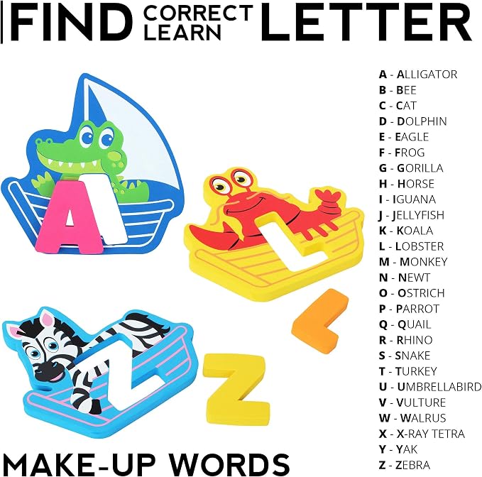 Bath Foam Alphabet Letters Toys - Non-Toxic Bathtub ABC Letters for Kids Toddlers - Premium Educational Floating Animals Puzzles with Toy Organizer for Baby Boys Girls - Set of 52 Pcs