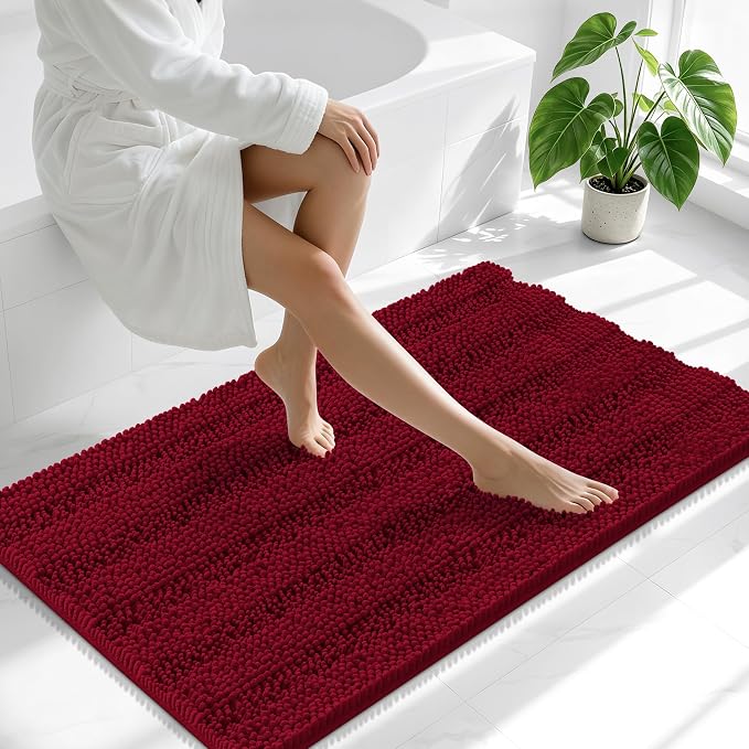 Smiry Thick Chenille Bathroom Runner Rugs 44x24, Extra Absorbent Striped Bath Mat, Machine Washable, Rubber Backing, Long Bath Rugs for Bathroom, Tub & Shower, Home Decor Accessories, Red