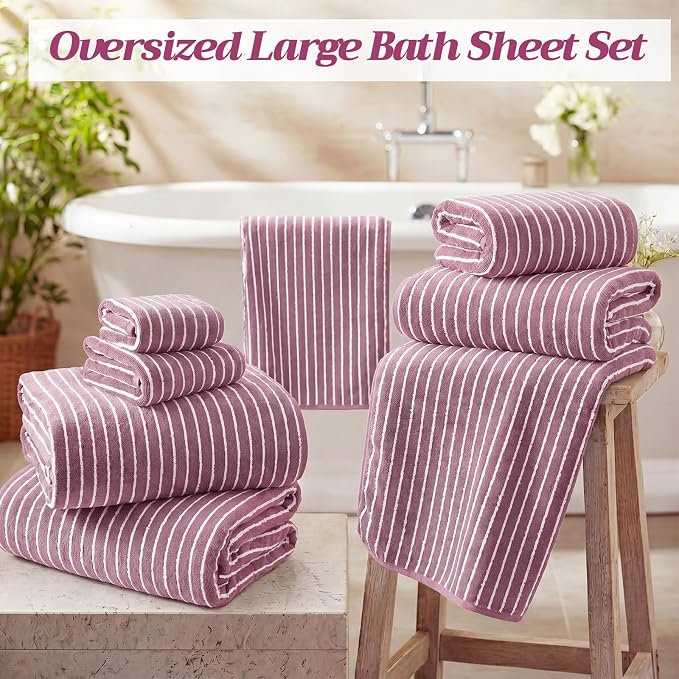 8 Pcs Oversized Bath Towels Set for Adults 40 x 80 Inches Extra Large Pink & White Striped Beach Towels Sheets Pool Shower Quick Jumbo Dry Absorbent Soft Microfiber for Hotel Bathroom