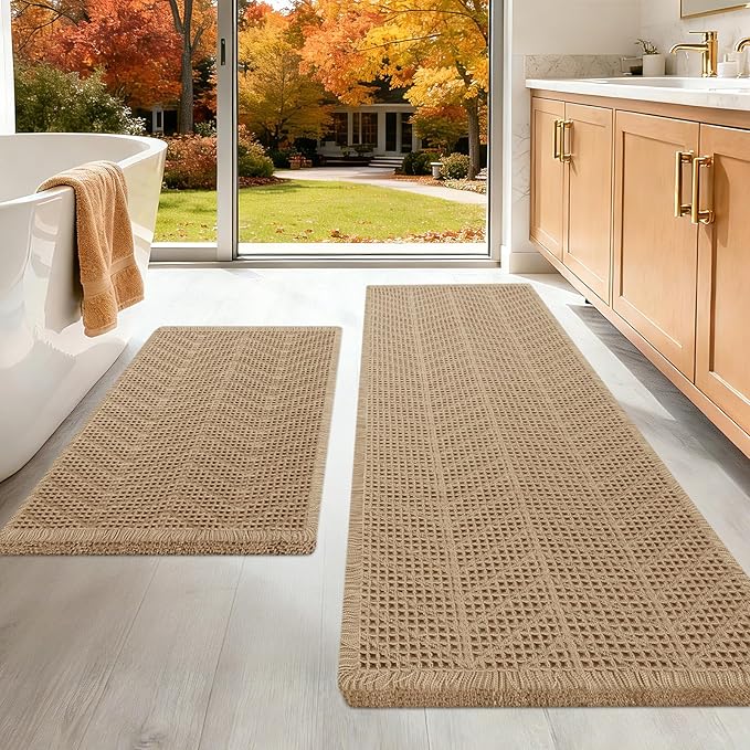 Upgraded Waffle Bath Mat Set 2 Piece Beige-Herringbone, Super Absorbent Non-Slip Quick Dry Bathroom Rugs with Tassels, Machine Washable Ultra Soft Boho Bath Rugs, Toilet Mats Boho Farmhouse Decor