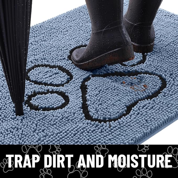 Smiry Dog Door Mat for Muddy Paws, Absorbent Dirt Trapper Non Slip Quick Dry Washable Chenille Mat for Mud Dogs, Entry Rug for Indoor and Outdoor (59x35 Inches, Airy Blue and Black)