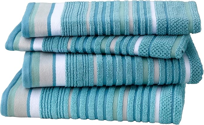 SKL Home Seabrook Stripe Premium 4-Piece Towel Set, 550 GSM, Soft & Absorbent Jacquard - 2 Bath Towels, 2 Hand Towels, Teal