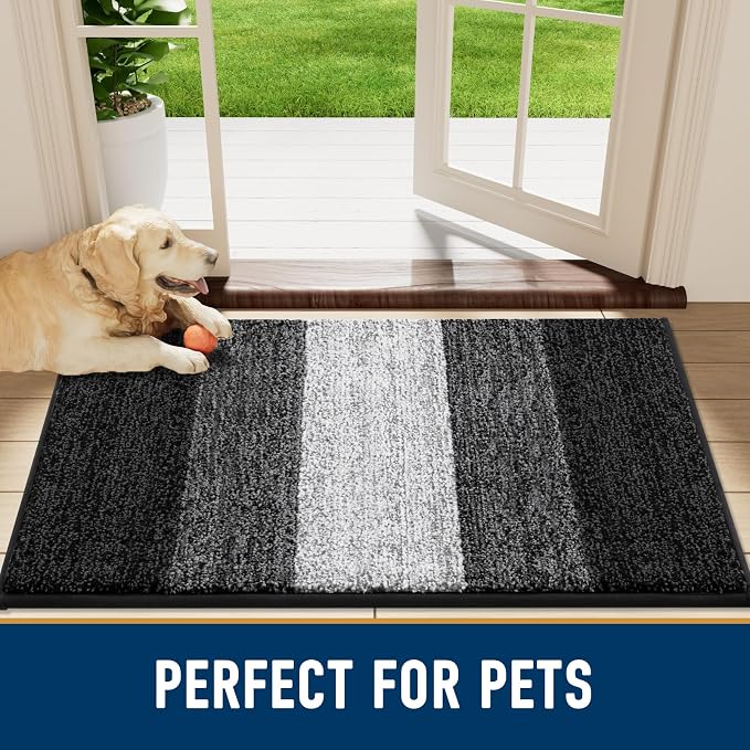 Smiry Dog Door Mat for Muddy Paws, Absorbs Moisture and Dirt, Low-Profile Entryway Mat with Non-Slip Backing, Entry Indoor Outdoor Doormat for Inside Floor (59x20 Inches, Black, Striped)