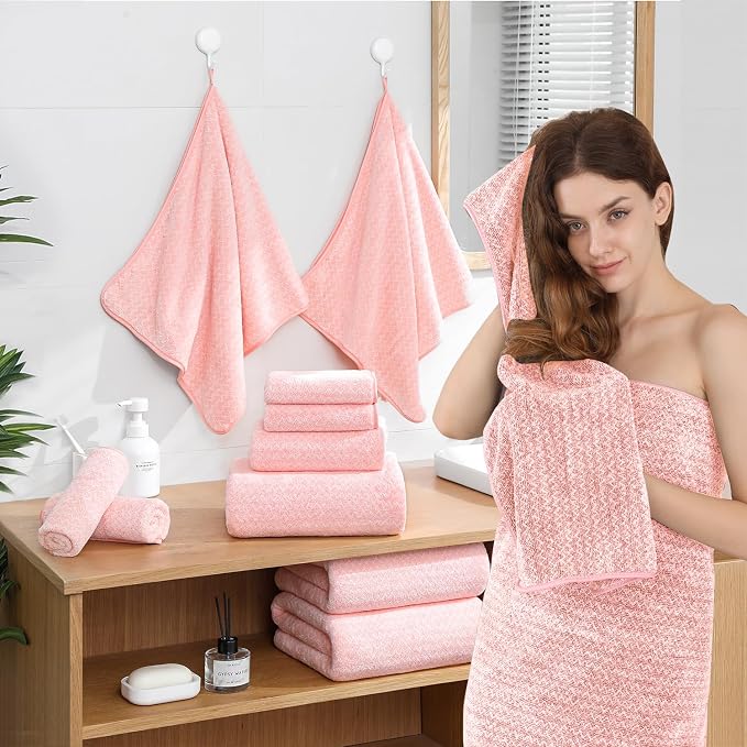 Ycosy 18 Piece Bath Towels Set,100% Microfiber Family Bathroom Towel with Hanging Loops-6 Bath Towels,6 Hand Towels,6 Washcloths,Quick Dry Highly Absorbent Shower Towel for Bathroom,Hotel,Spa-Pink