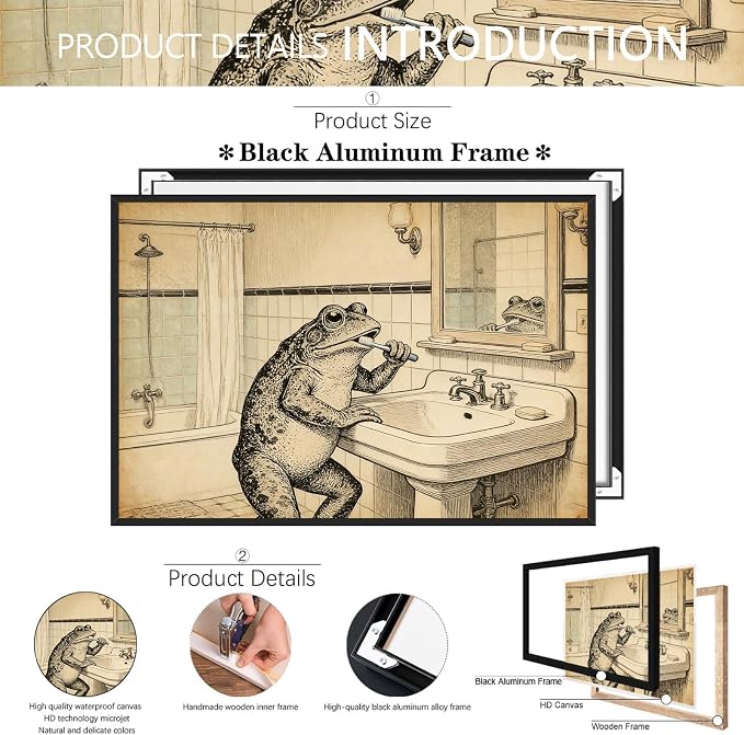 Vintage Frog Brushing Teeth Bathroom Wall Art Whimsical Toad Restroom Poster Antique Illustration Print Aesthetic Wall Decor for Powder Room Apartment Family Bathroom 8X12 in Black Framed