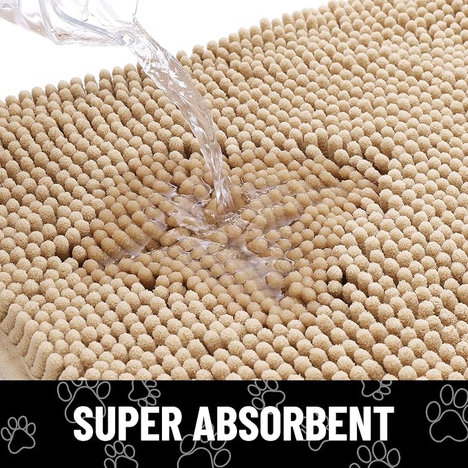 Smiry Dog Door Mat for Muddy Paws, Absorbent Dirt Trapper Non Slip Quick Dry Washable Chenille Mat for Mud Dogs, Entry Rug for Indoor and Outdoor (47x20 Inches, Beige and White)