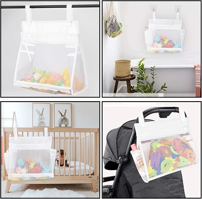 2 Pack Mesh Bath Toys Organizer, Kids Bathroom Toy Storage Holder with Hooks, Bottom Zipper Toy Bag for Bathtub (White)