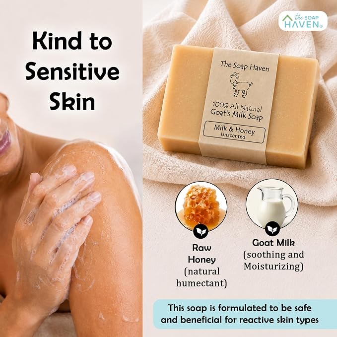 4 Goat Milk Soap Bars with Honey - Handmade in USA. All Natural Soap, Unscented, Fragrance Free, Fresh Goats Milk. Wonderful for Sensitive Skin and Babies. SLS, Paraben, GMO-Free