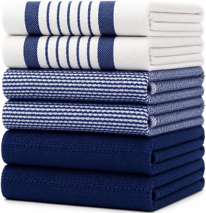 Premium Kitchen Towels (20”x 28”, 6 Pack) | Large Cotton Dish Towels | Flat & Terry Highly Absorbent Kitchen Linen Set with Hanging Loop | Navy Blue Striped