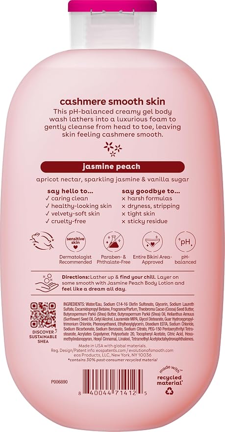 eos Cashmere Body Wash – Jasmine Peach, Moisturizing Body Wash, Creamy Gel Formula, with Shea Butter, Glycerin, Vitamin E, pH Balanced, Sensitive Skin, Vegan, 16 fl oz
