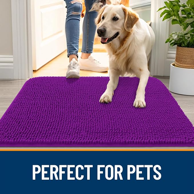 OLANLY Dog Door Mat for Muddy Paws 54x32, Absorbs Moisture and Dirt, Absorbent Non-Slip Washable Doormat, Quick Dry Chenille Mud Mat for Dogs, Entry Indoor Entryway Carpet for Inside Floor, Purple