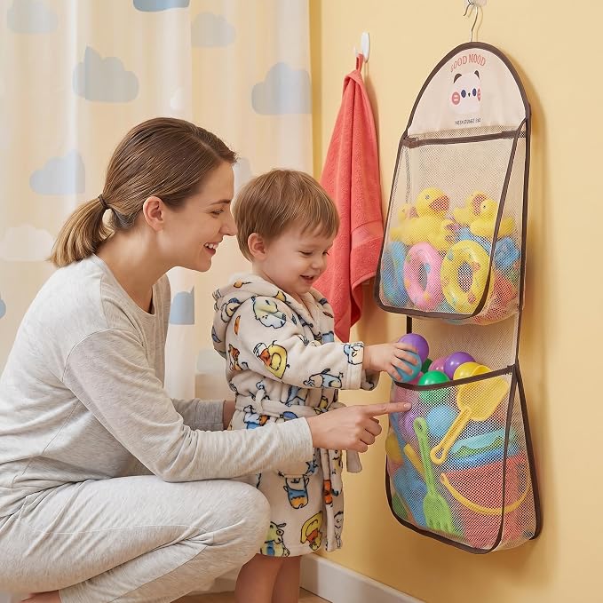 Good Mood Toddler Bath Toy Organizer, Large Capacity Baby Bathtub Toy Storage with Adhesive Hooks, Toy Organizers and Storage for Bath Toys for Kids Ages 3-5, Bath Toy Holder Kids Bathroom Decor
