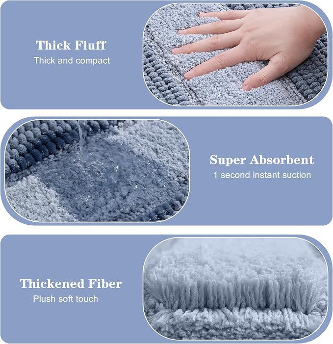 Kmson 2 Pcs Ombre Chenille Bathroom Rugs Set, Non-Slip Shower Mats for Bathroom Floor & Bathtub, Ultra Soft Washable Shaggy Bath Rugs, Thick Absorbent Microfiber Bath Mat Set Blue