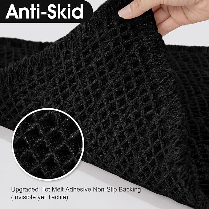 Upgraded Waffle Bath Mat Set 2 Piece Black-Herringbone, Super Absorbent Non-Slip Quick Dry Bathroom Rugs with Tassels, Machine Washable Ultra Soft Boho Bath Rugs, Toilet Mats Boho Farmhouse Decor